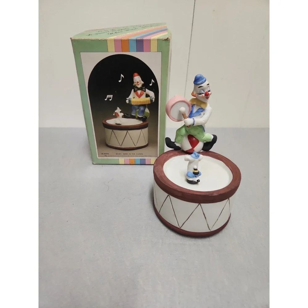 Porcelain Clown Music Box W/ Spinning Dog-works